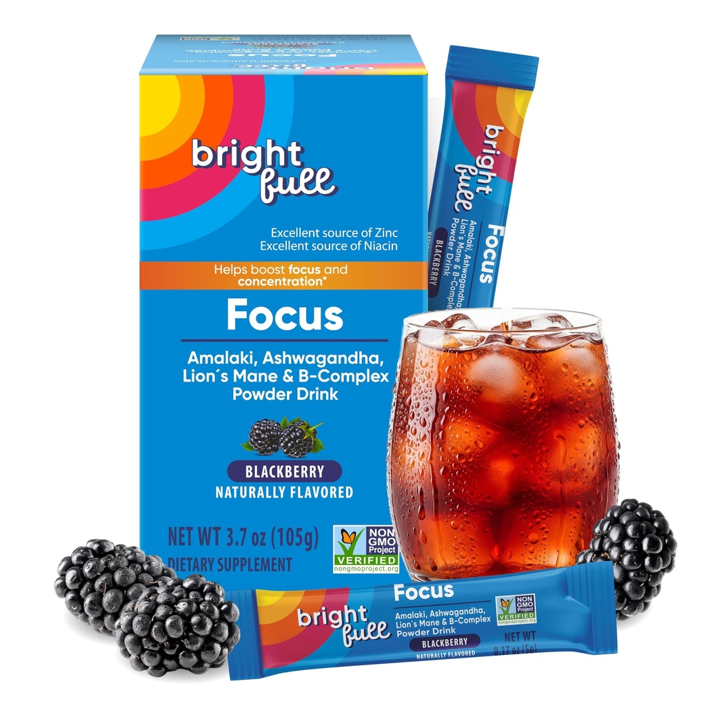 Supplement fokus Sugar Gratis kosttilskudd Drink Blande med Ashwagandha, Lion's Mane, B vitaminer B1 B2 B3 B5 B6 B12, for kognitiv ytelse og klarhet BlackBerry, 21 dagers levering