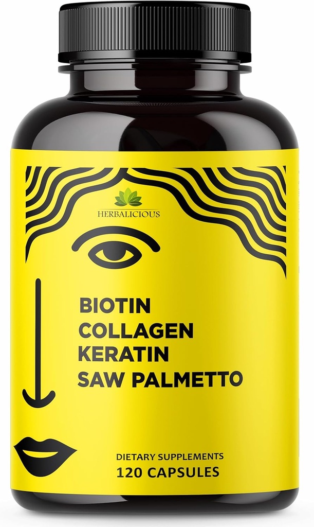 HERBALICIOUS Biotin vitaminer med kollagen, keratin og så Palmetto for kvinner og menn - Biotin 10000 mhg Håret negler Supplement for hår, hud og negler velvære - laget i USA, 120 kapsler