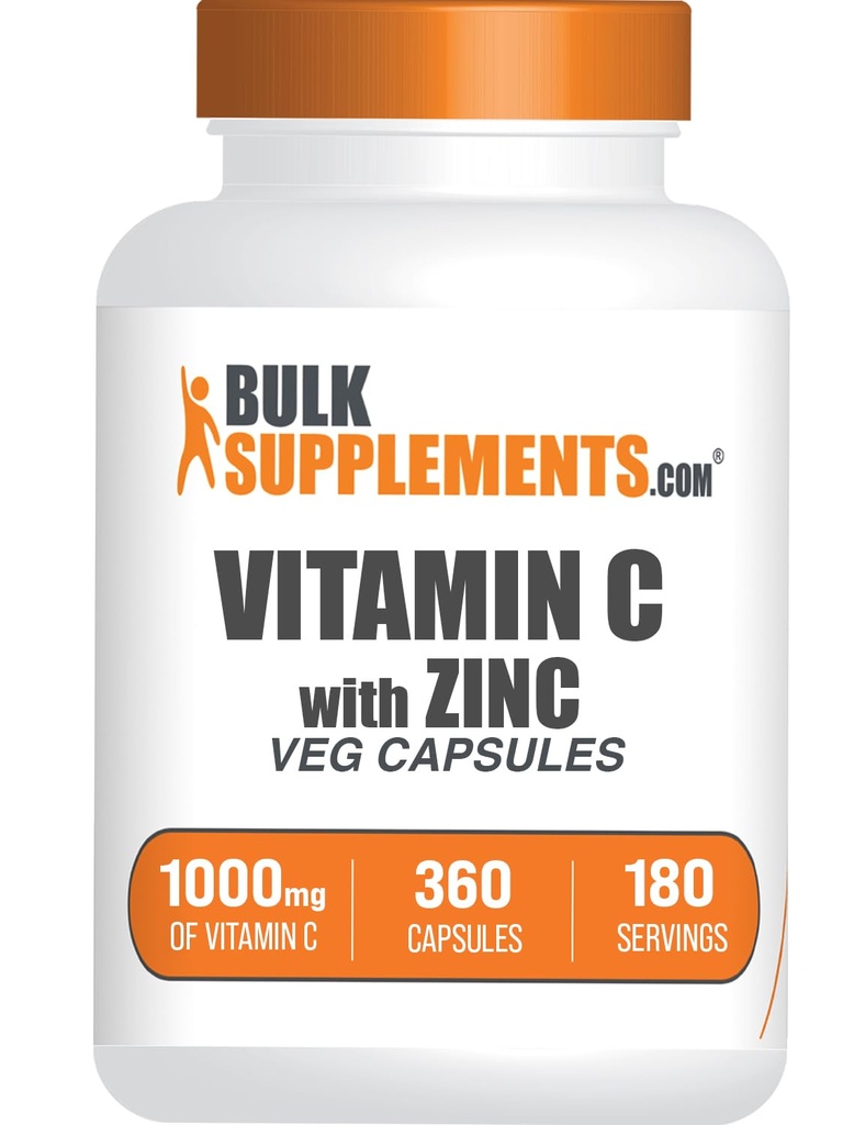BulkSupplements.com Vitamin C med sink kapsler - vitamin C 1000mg & sink 15mg, for immunstøtte - Vegan, 2 kapsler per servering, 360 Veg Count (Pack of 1)
