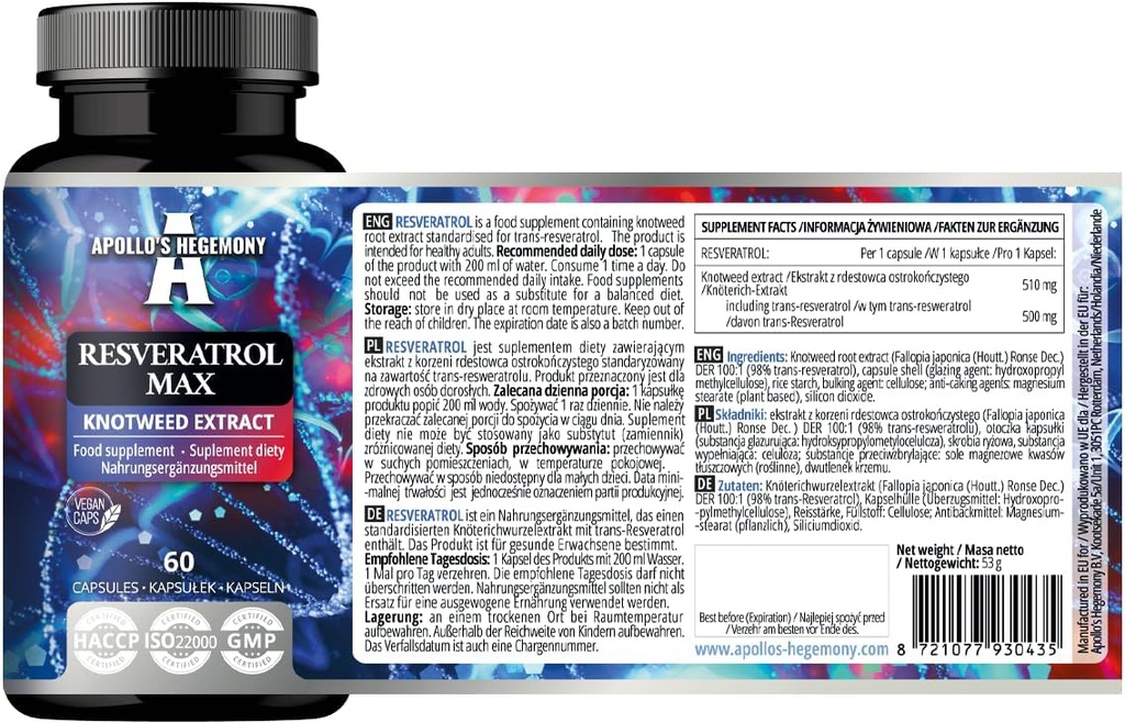 APOLLO'S HEGEMONY Resveratrol Max - 500 mg per kapsel - 60 Vegan Capsules - høy renhet 98% Ekstrakt - støtter sirkulerende helse - naturlig antioksidant - kosttilskudd