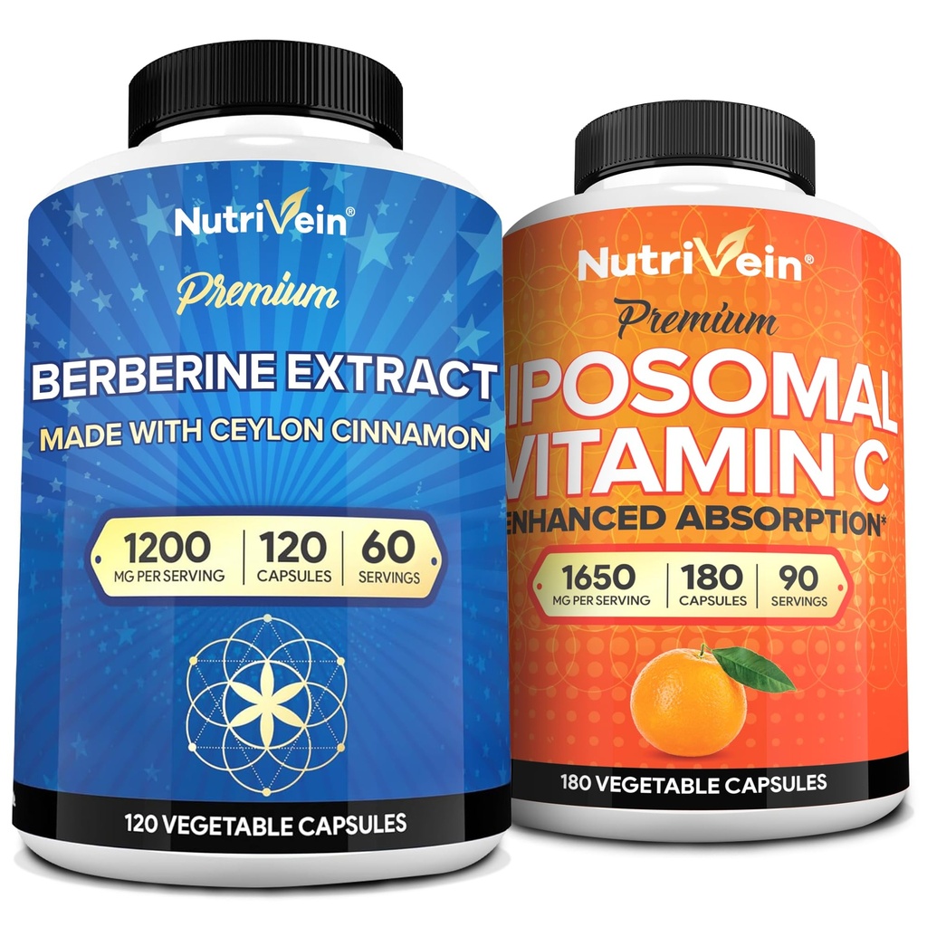 Nutrivein Premium Berberin & Liposomal Vitamin C Supplement: høyabsorpsjon vitamin C Kapsler & Berberin Supplement Bundle for immunitet, metabolisme, og balansert velvære