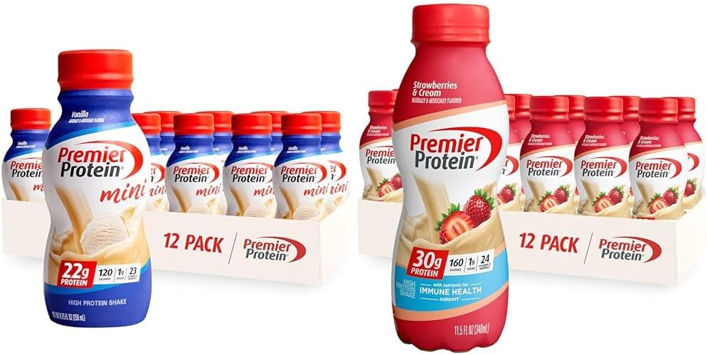 Premier Protein Shake MINIs Vanilla 22g Protein 120 Kalorier Pakke med 12 & Jordbær Premier Protein Shake 30g Protein 160 Kalorier Pakke med 12