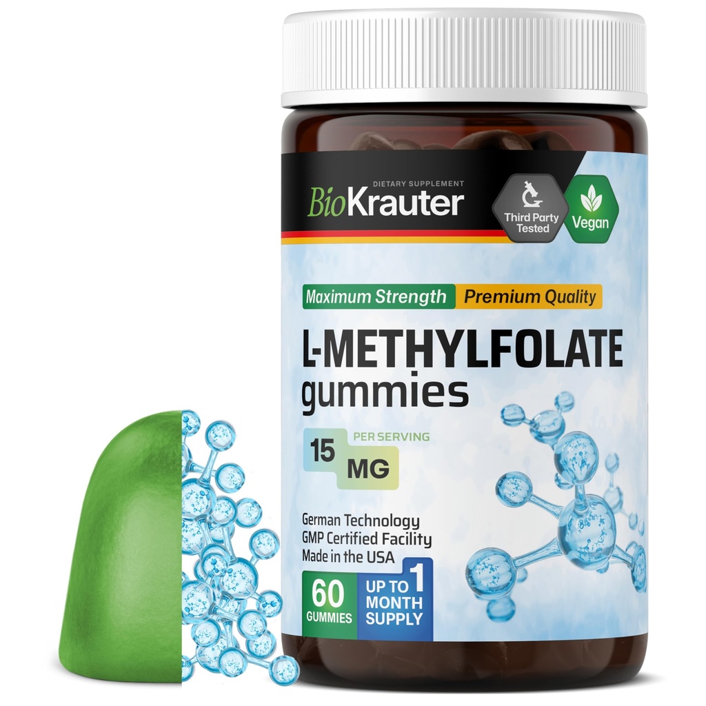BIO KRAUTER L Metylfolat Gummies - 25 mg DFE - 60 vegansk Chews - MTHF Supplement - Folat Supplement - Folic Acid Gummies (Vitamin B9) - Gelatinfri formel