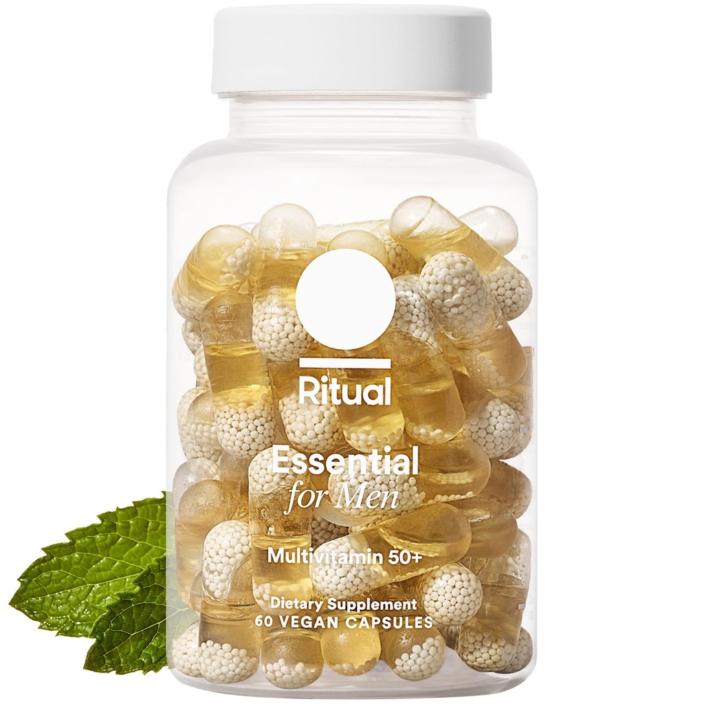 Ritual Multivitamin for menn 50+, Vegansk, med sink, vitamin A og D3 for immunfunksjonsstøtte*, Omega-3 DHA, B12, K2, Glutenfri, Ikke-GMO, Mint Essensed, 30 dagers forsyning
