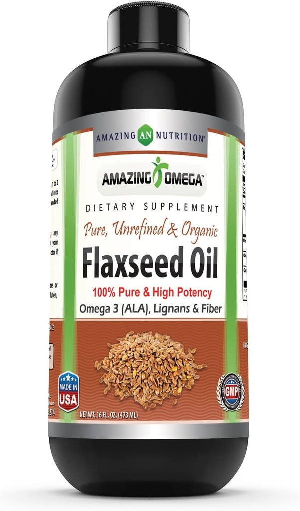 Amazing Omega Flaksfrø Olje Supplement omega 3, Lignaner & Fiber | 16 Oz | Ikke-GMO | Glutenfri |