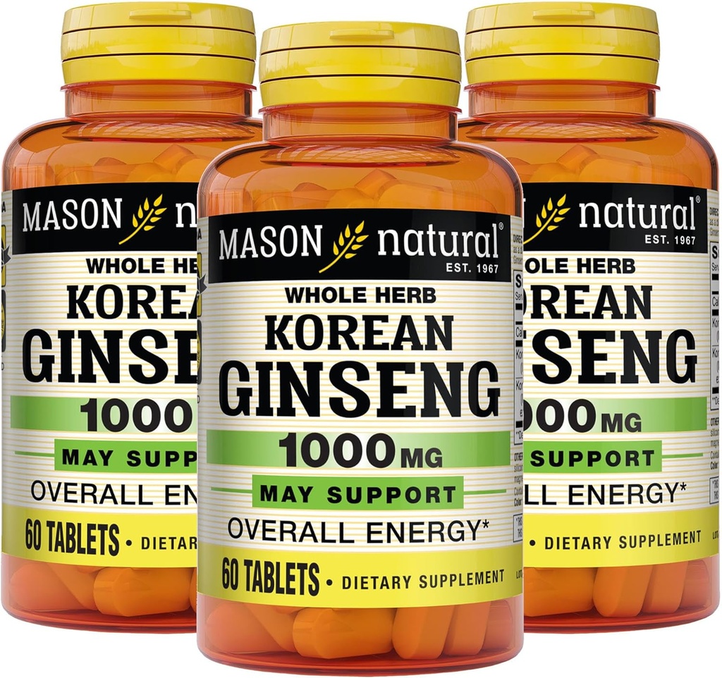 MASON NATURAL Korean Ginseng 1000 mg, støtter energi, utholdenhet og vitalitet, 60 tabletter, pakke med 3