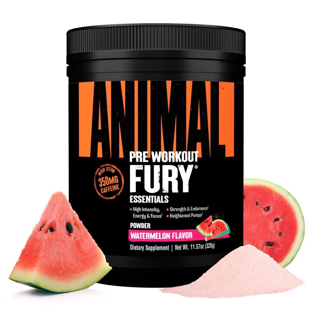 Animal Fury Pre Workout pulver - Vannmelon, 350 mg koffein, BCAA Aminosyrer, 2g Beta Alanine, Citrullin & Tyrosin, energi, fokus, styrke, utholdenhet, Forarbeidelse for menn og kvinner, 20 serveringer