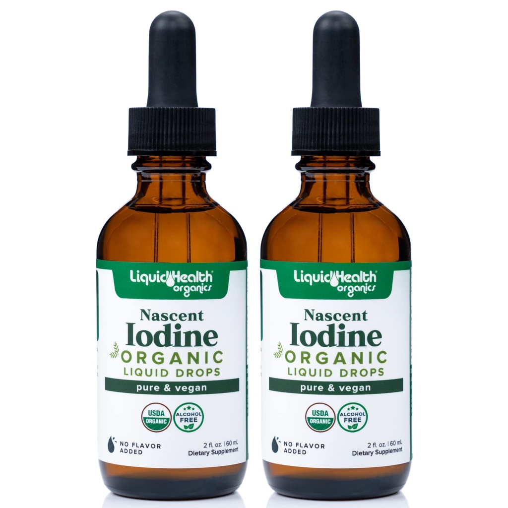 LIQUIDHEALTH USDA Organic Nascent Iodin flytende dråper, ren jodin Supplement for Thyroid & Immune Support, Energi Supplement - laget i USA, Vegansk, Fargeløs, smaksfri Tinktur (2 Pack)