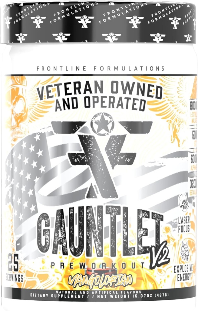 Gauntlet Pre-Workout pulver, eksplosive Workouts, Laser Focus, Mid Stim, Amazing Flavor, Veteran eid og i drift (25 Serveringer, mangolorian)