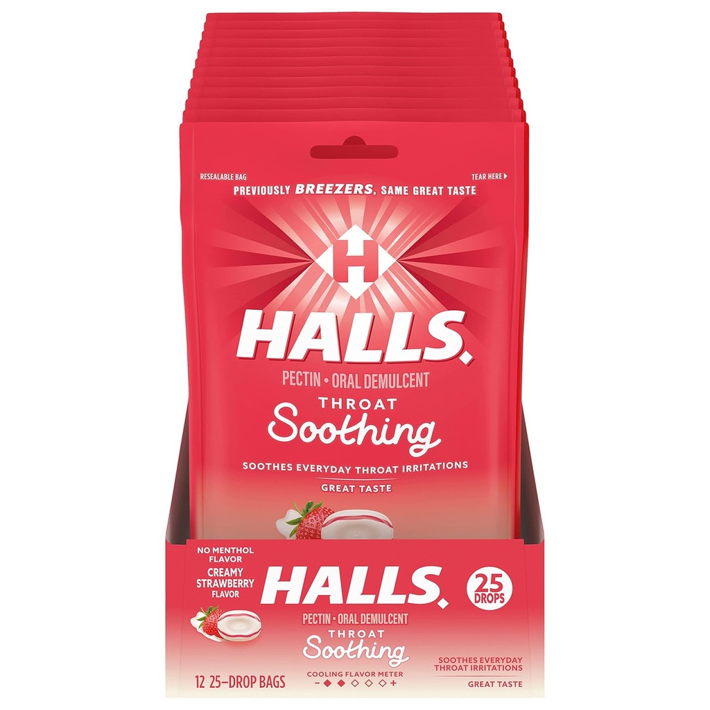 HALLS Throat Soothing (tidligere HALLS Breezers) Kremete Strawberry Throat Drops, 12 poser med 25 dråper (300 Total Drops)