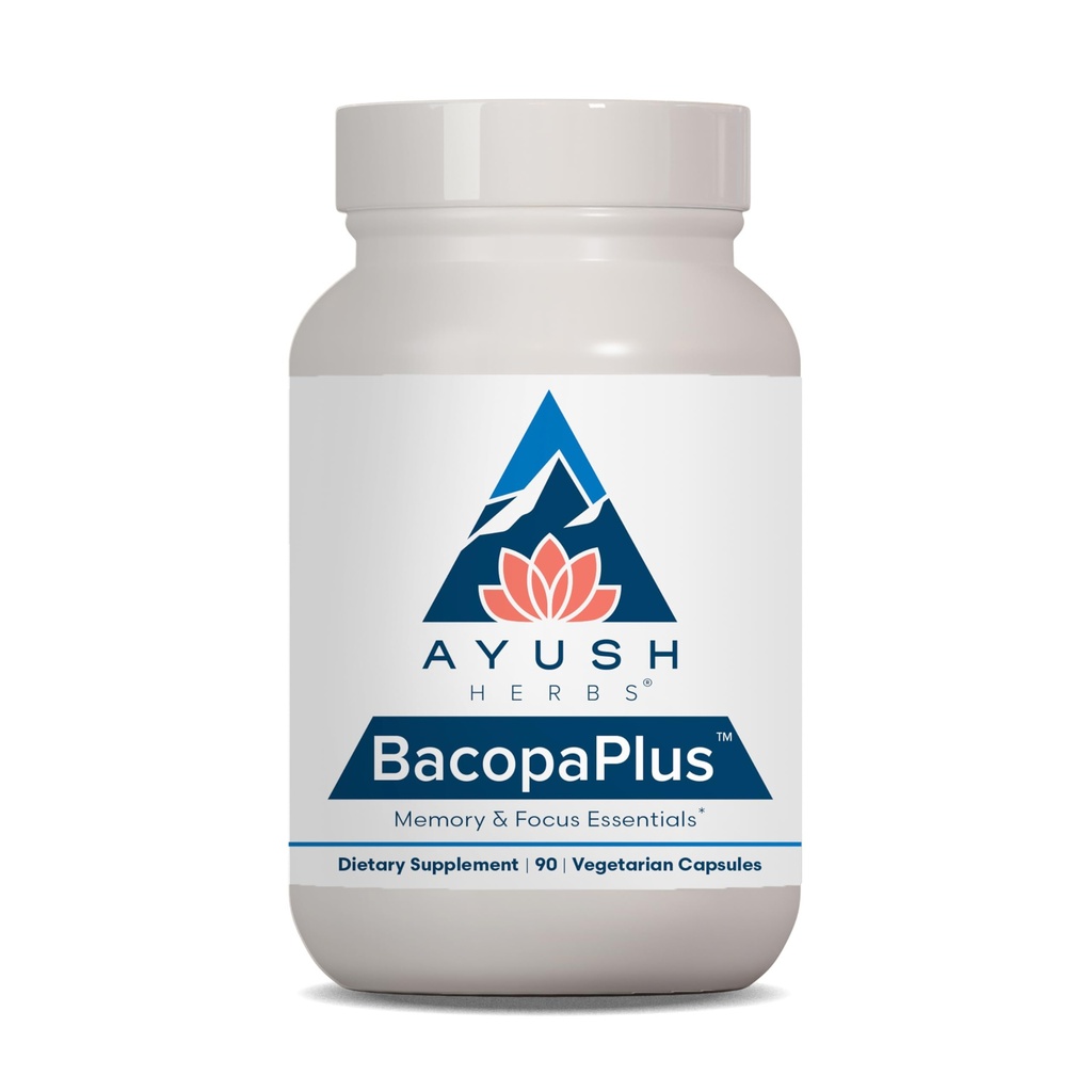 Ayush Herbs BacopaPlus - Bacopa Supplements, Økologisk Bacopa for minne og fokus, Kognitiv støtte Pill for voksne med Ginkgo, Gotu Kola, Ashwagandha - 90 Vegetariske kapsler (1 greve)