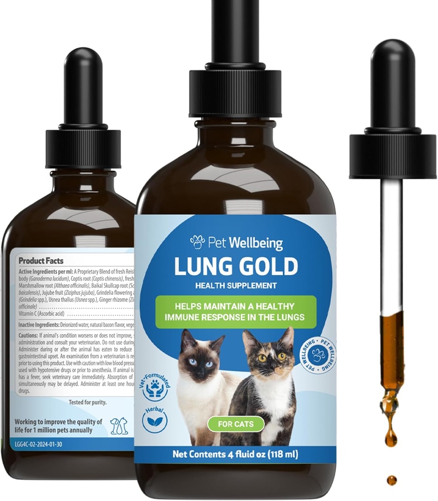 Kjæledyrs velvære Lunge gull til katter - Lunge immunstøtte, Lower Respiratory Health, Open Airways, Normal puste, Reishi, Coptis - Veterinærformulert Herbal Supplement - 4 oz (118 ml)