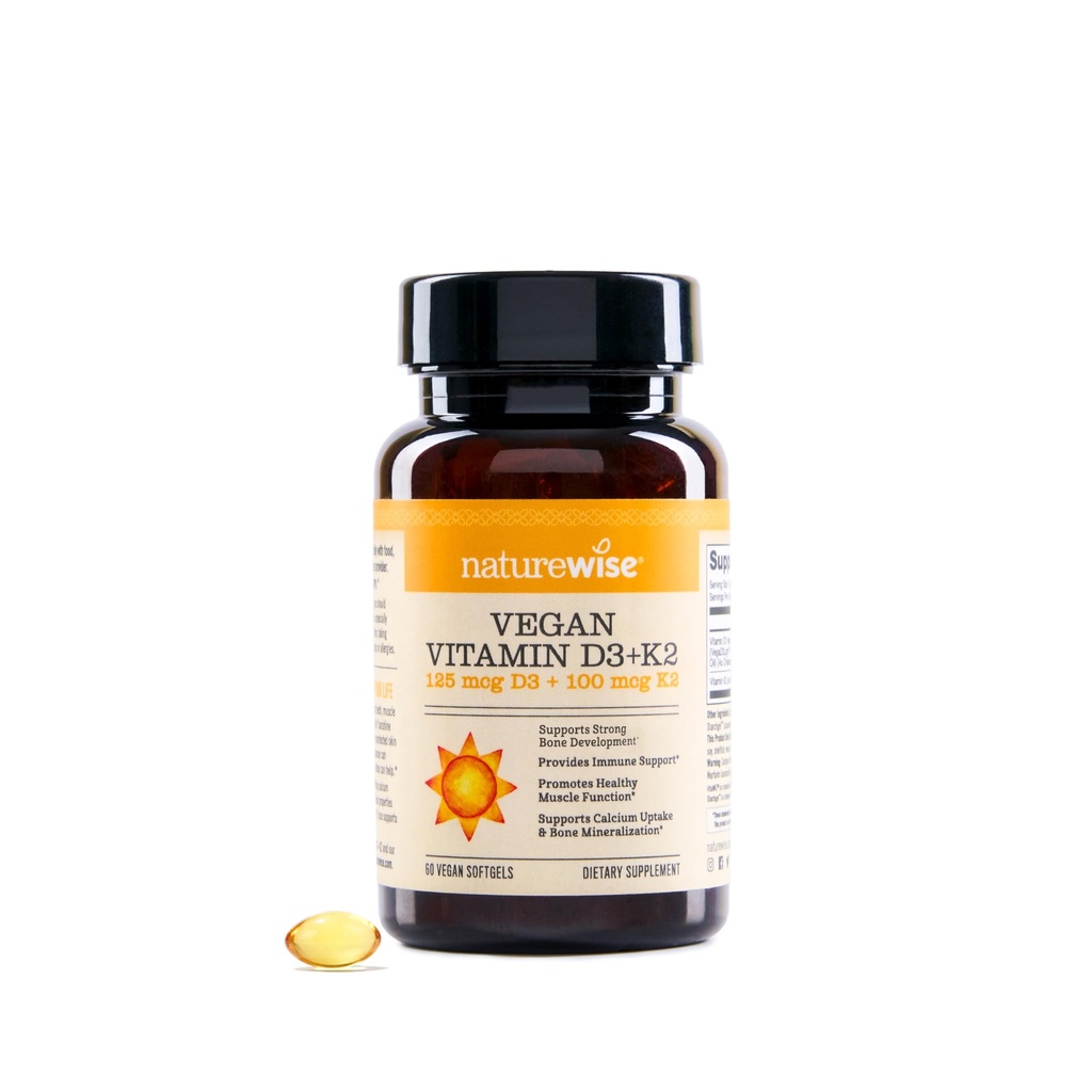 NatureWise Vegan Vitamin D3 + K2 - Økologisk D3 5000IU + Naturlig vitamin K2 100mcg - Bone støtte - høy absorpsjon med organisk kaldpresset olivenolje - ikke-GMO