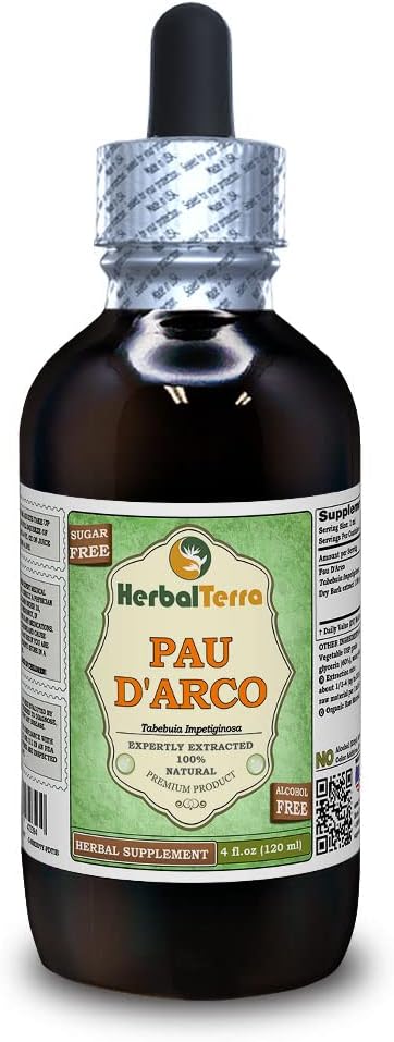PAU d'arco (Tabebuia Impetiginosa) Glyceritt, tørket Bark alkohol-fri flytende ekstrakt (merkenavn: HerbalTerra, stolt laget i USA) 4 fl.oz (120 ml)