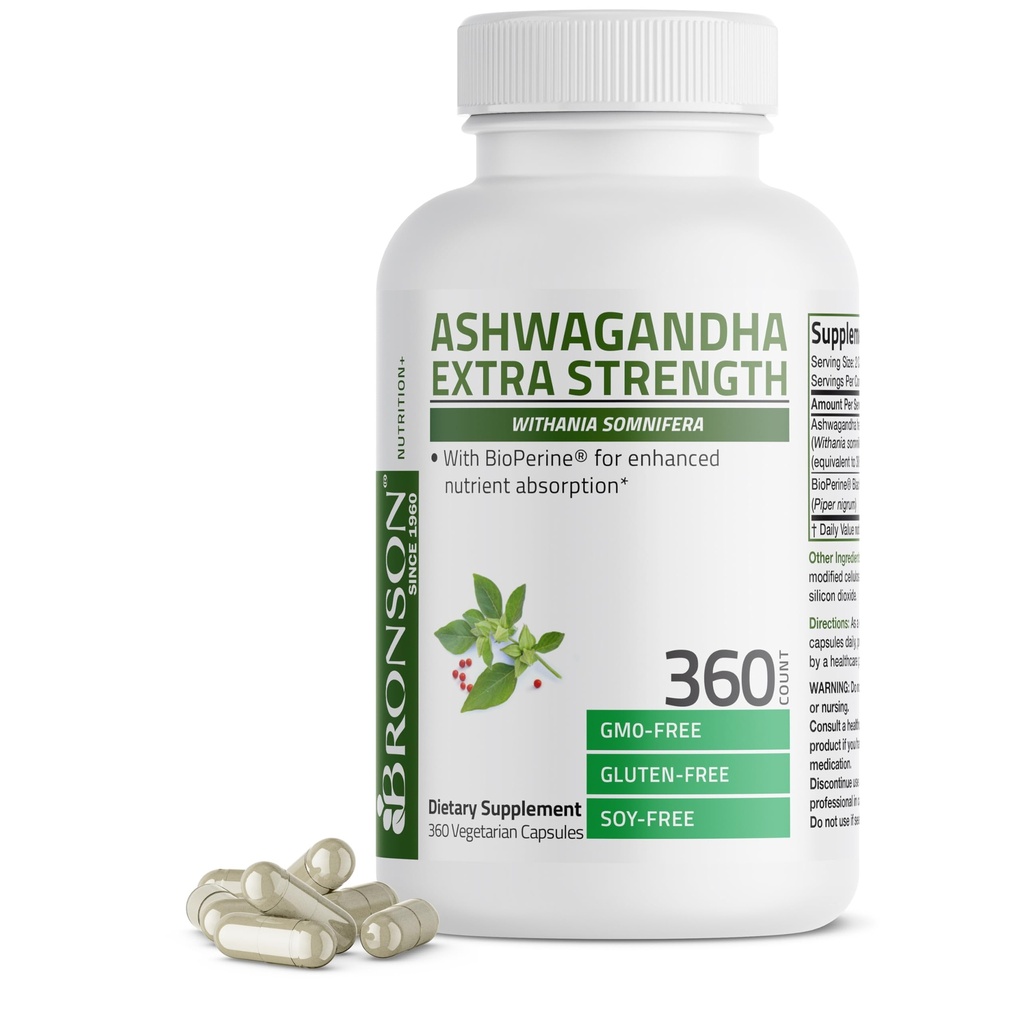 Bronson Ashwagandha Ekstra styrke Stress & Mood Støtte med BioPerine - Ikke GMO Formula, 360 vegetariske kapsler