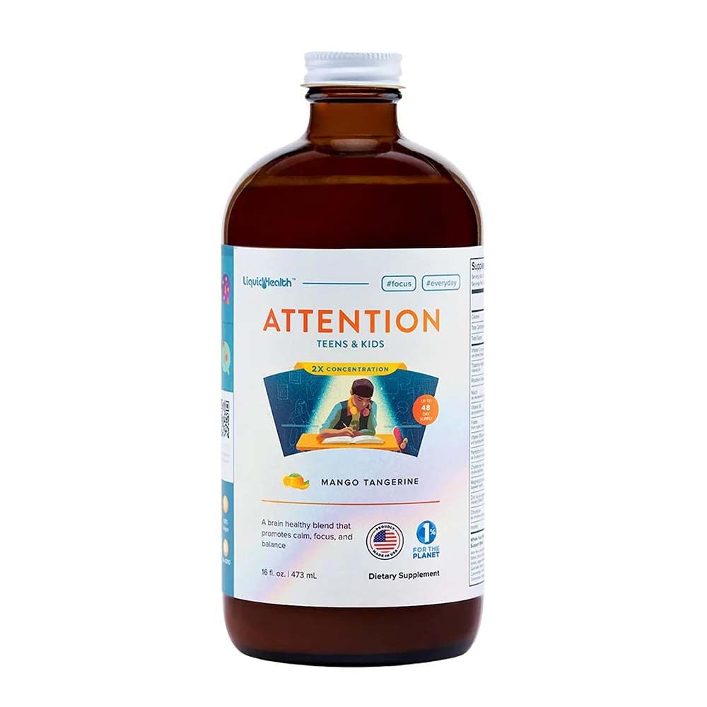LIQUIDHEALTH oppmerksomhet flytende multivitamin for barn og tenåringer - Forbedrer minneoppbevaring, konsentrasjon, fokus, humør, avslapning og beroligende - laget i USA, stor smak, vegansk, sukkerfri (16 oz)