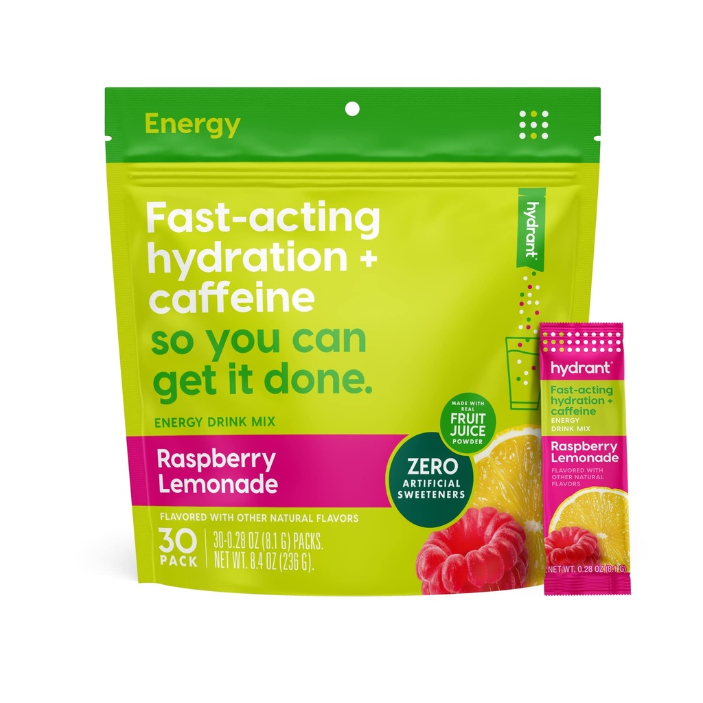 Hydrant - Energi Electrolyte pulver, bringebær sitronade flavor, 30 koffein og L-theanin energi rehydrering Stick pakker - lav sukker energi pulver til daglig bruk