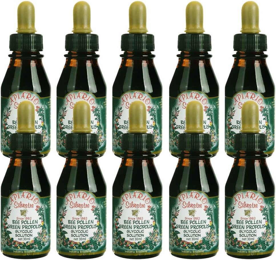 Offisiell distributør - 10 flasker Apiario Silvestre Bee Pollen & Brasil Grønn Bee Propolis Liquid - Glykol Extract-Non Alkoholic, Wax Free, Sukker Gratis