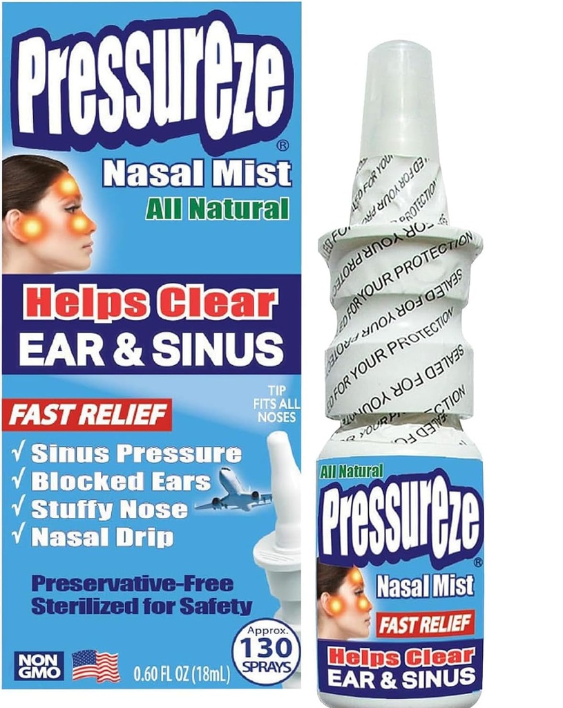 Pressureze Nasal Spray - Alle naturlige preservativ-fri steril - rask relief Nasal Spray - for Sinus Allergier Congestion blokkert ører høy snorking ® 130 Sprays, 18 ml