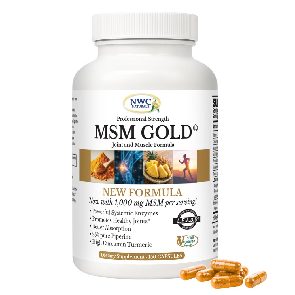 NWC Naturals MSM Gold - Systemisk Enzyme Supplement med gurkemeie, Tomato Lycopen & BioPerine for næringsrik absorpsjon - Felles og muskel støtte – 150 Antioksidant-Rich Vegetariske kapsler