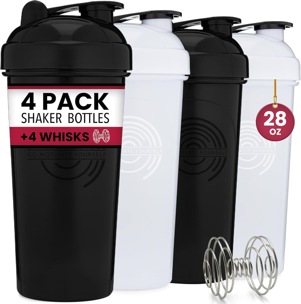 GOMOYO 4-Pack - 28 Ounce Protein Shaker flaske for blandinger, 4xWire Whisk, Leak Proof Bulk Supplement Blander og pre-Workout Shaker Cups, Oppvaskmaskin trygt og BPA gratis, svart og hvitt