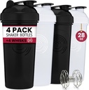 GOMOYO 4-Pack - 28 Ounce Protein Shaker flaske for blandinger, 4xWire Whisk, Leak Proof Bulk Supplement Blander og pre-Workout Shaker Cups, Oppvaskmaskin trygt og BPA gratis, svart og hvitt