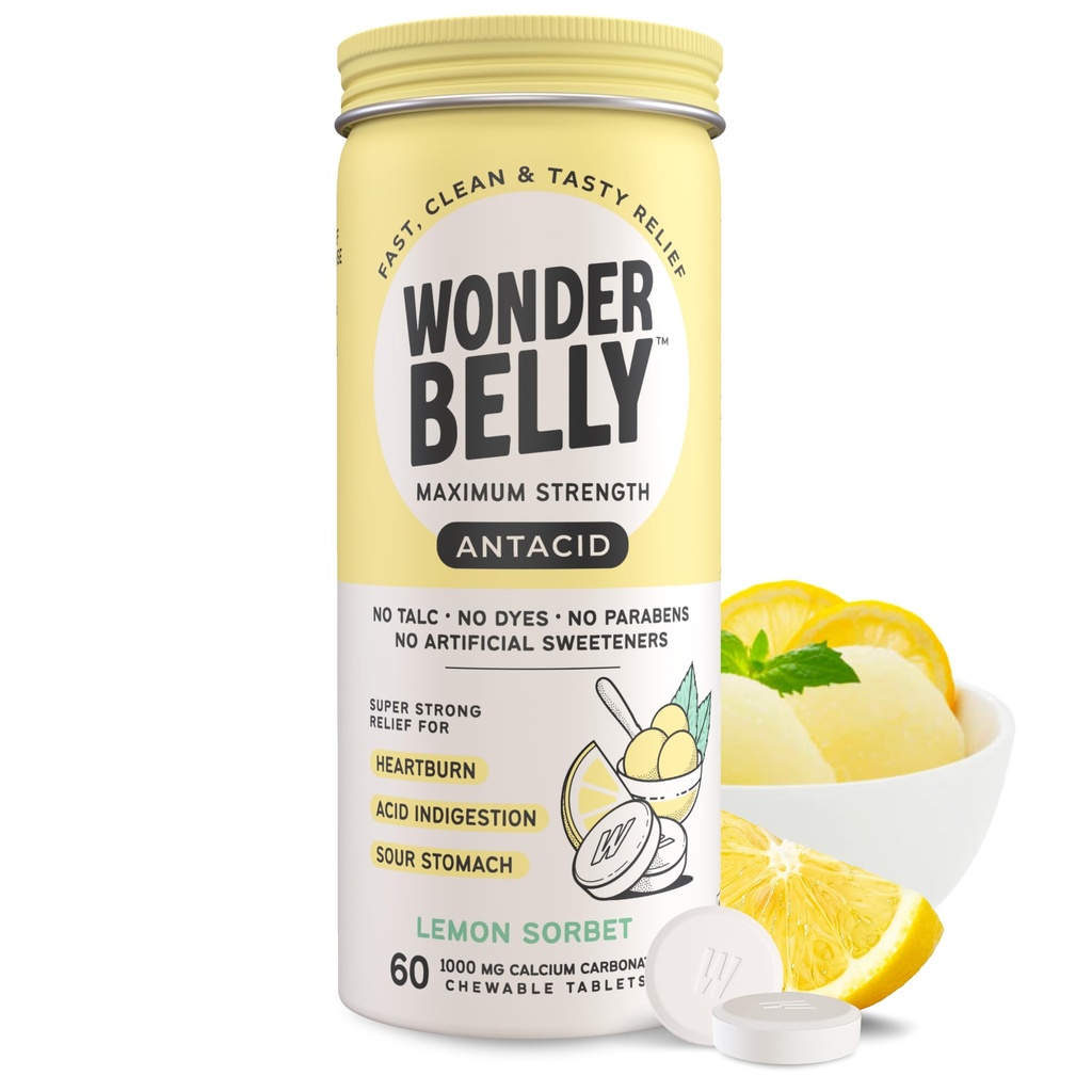 Wonderbelly Antacid, effektiv Heartburn og Instant Acid Indiestion Relief, Extra styrke Chewable tabletter, 1000 mg kalsiumkarbonat, ingen Talc eller Dye, sitron Sorbet, 60 greve