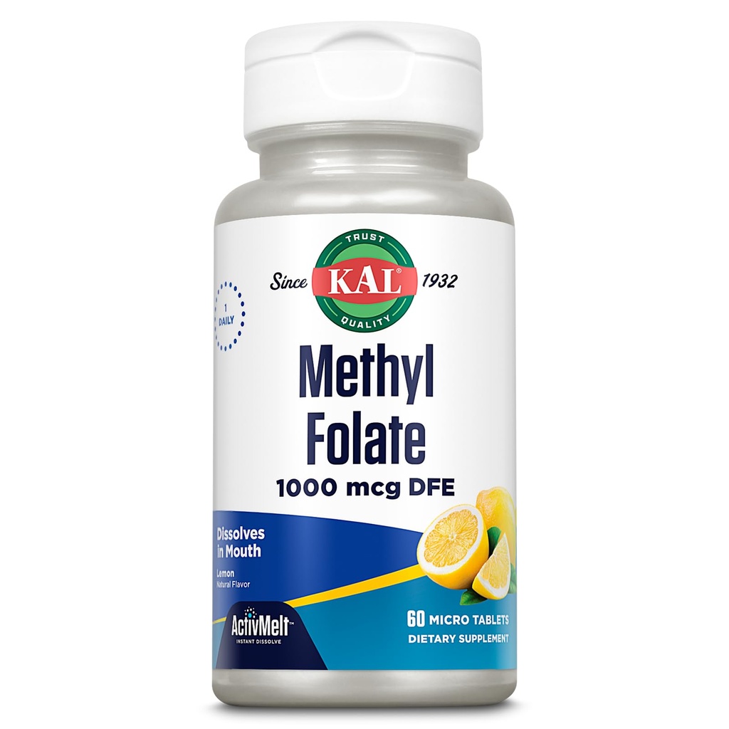 KAL Metyl Folate 1000 mcg, 5-MTHF Active Form, Folic Acid Supplement, hjertehelse, prenatal, Mood og hjerne støtte, vegetarisk, naturlig sitron ActivMelt, 60-dagers garanti, 60 serv, 60 mikrotabletter