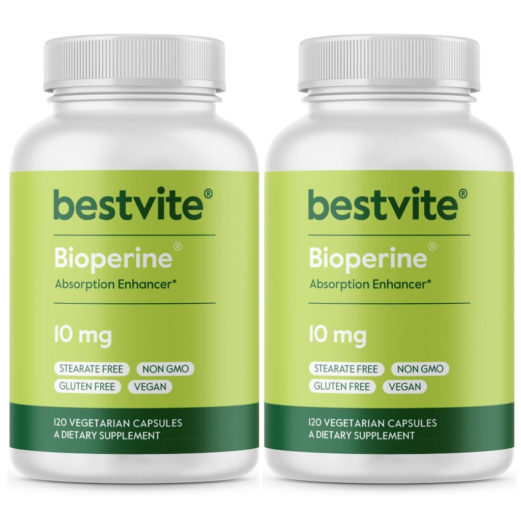 Bioperin 10 mg (240 vegetariske kapsler) (120 x 2) - Ingen stearates - Vegan - Ikke GMO - Glutenfri - Absorpsjon Enhancer