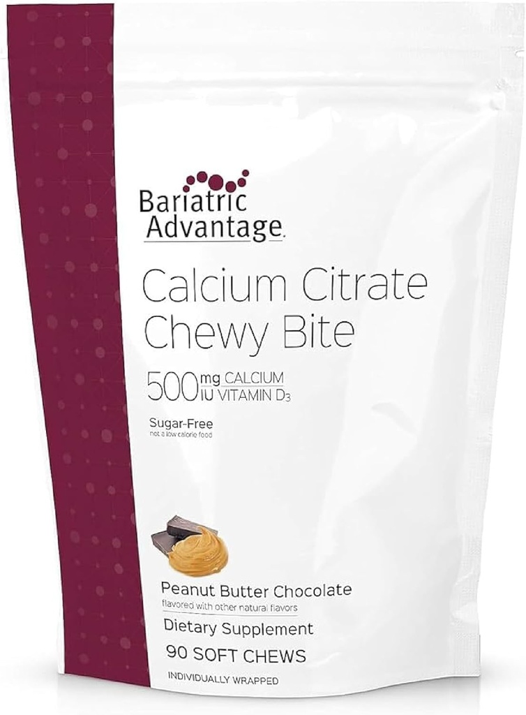 Bariatrisk Fordel Kalsium Citrat Chewy Bites 500 mg - høy absorberbar & Digestible - vitamin D3 - lett Chewable Kalsium Supplement - Peanut Butter sjokolade - 90 greve