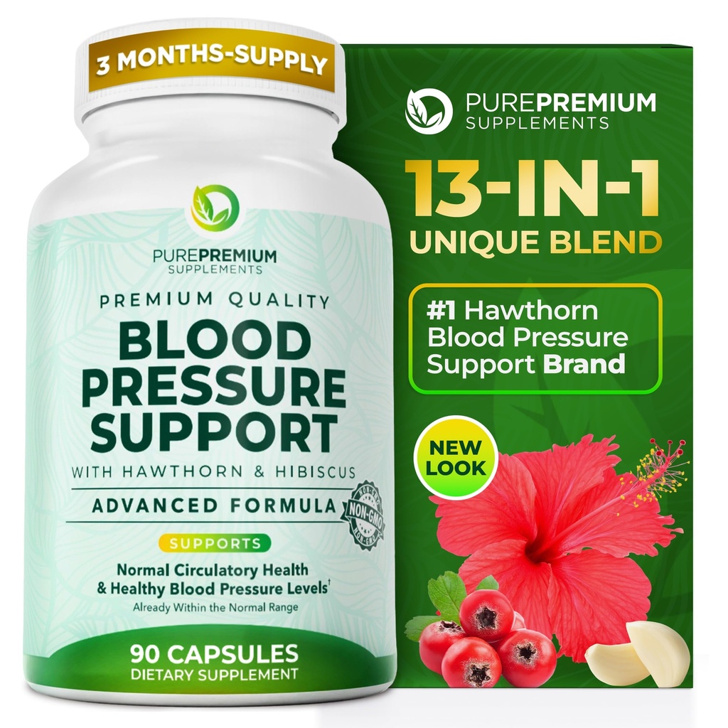 PurePremium Blodtrykk Supplementer med Hawthorn Berry, Hibiscus, hvitløk og vitamin B12-nitric Oxid Supplement for normal hjerte helse, sirkulasjon helse og blodtrykksstøtte - 90ct