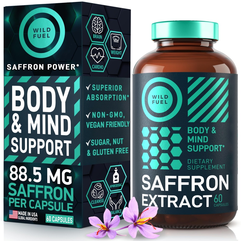 Saffron Supplements for kvinner og menn - 88.5mg ren saffron ekstrakt - Antioksidant, øyehelse, energi støtte og Mood Booster - Vegan, laget i USA, 60 kapsler én gang daglig