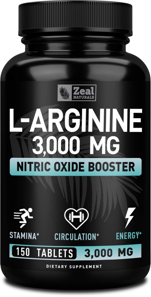 Zeal Naturals L Arginine 3000mg Kapsler (150 tabletter | 1000mg) Maksimal dose L-Arginine Nitric Oxid Supplement for å støtte muskelvekst, vaskulær funksjon og energi - Nitric Oxid Booster