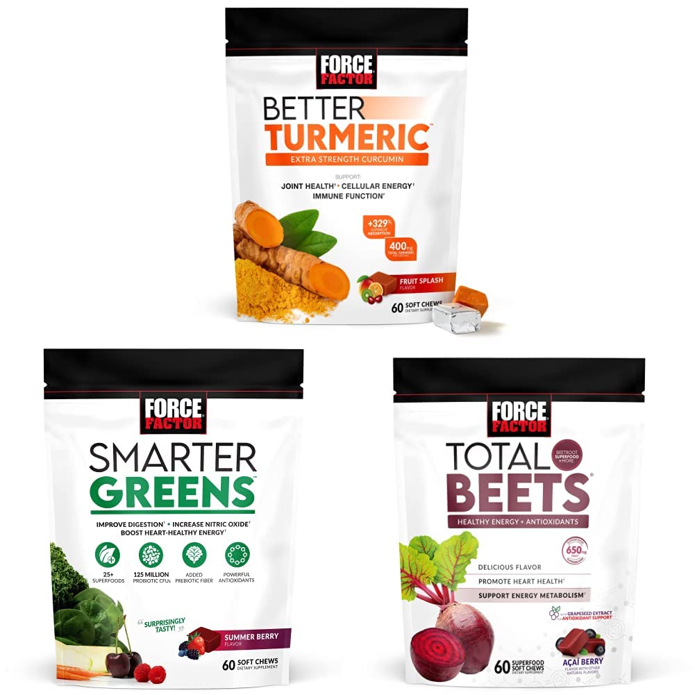 Force Factor Bedre turmerisk felles støtte Supplement & Smartere Grønne Superfood Chews, 60 myk Chews & Total Beets Myke Chews, 60 Chews