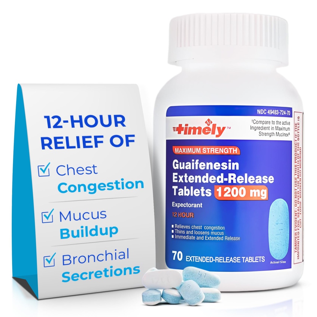 TIME-CAP LABS, INC. Tidlig Guaifenesin 1200 mg Extended Release Tabletter - Forventet Mucus Relief & Chest Congestion Relief for voksne - varer opp til 12 timer - 70 teller