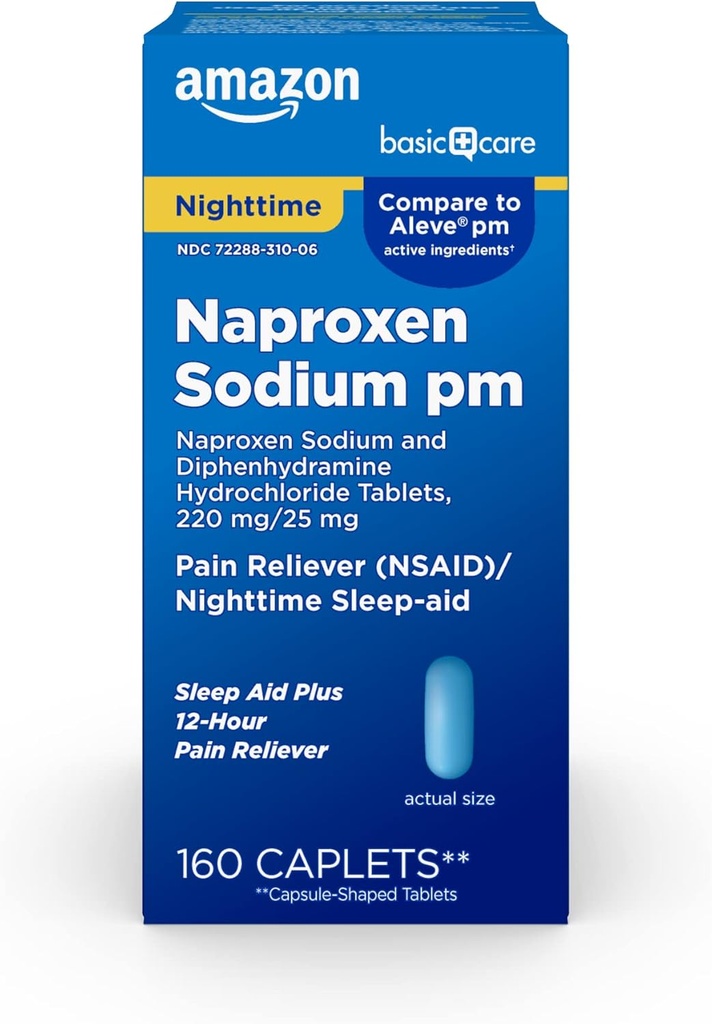 Basic Care All Night Pain Relief PM, Naproxen Natrium, 220 mg/Difenhydramin Hydrochlorid, 25 mg Tabletter, Smerte Reliever/Nighttime Sleep-Aid, 160 Tel.