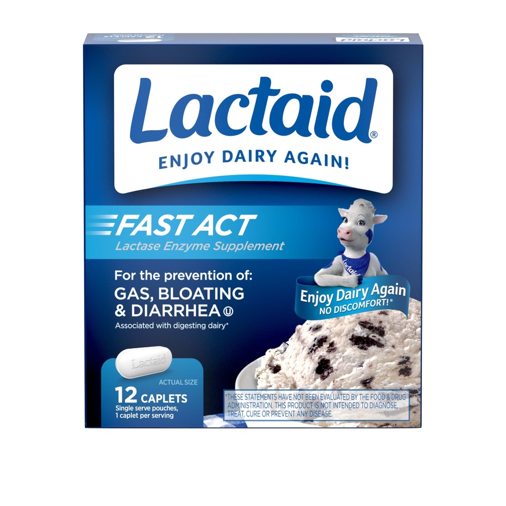 Lactaid Fast Act Laktose Intolerance Relief Caplets med Lactase Enzyme for å hindre gass, bloating & diarrea På grunn av Lactose Sensitivity, ideell for reise og on-The-Go, 12 pakker med 1-count
