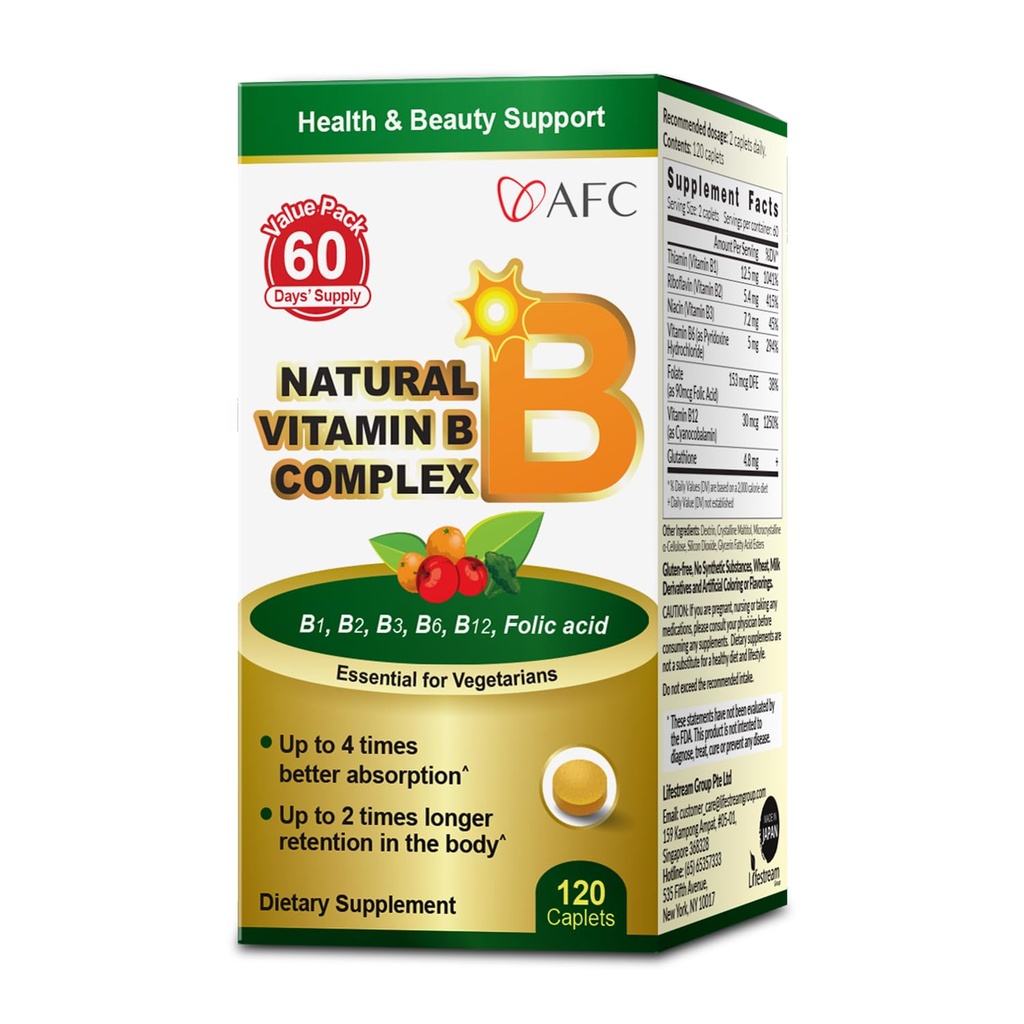 AFC Japan naturlig vitamin B kompleks med B1, B2, B3, B6, B12, folsyre og glutation yeast ekstrakt, ingen syntetikk, ikke-GMO, Supplement for stress, energi, immun- og nervesystem,120 vegansk kapell