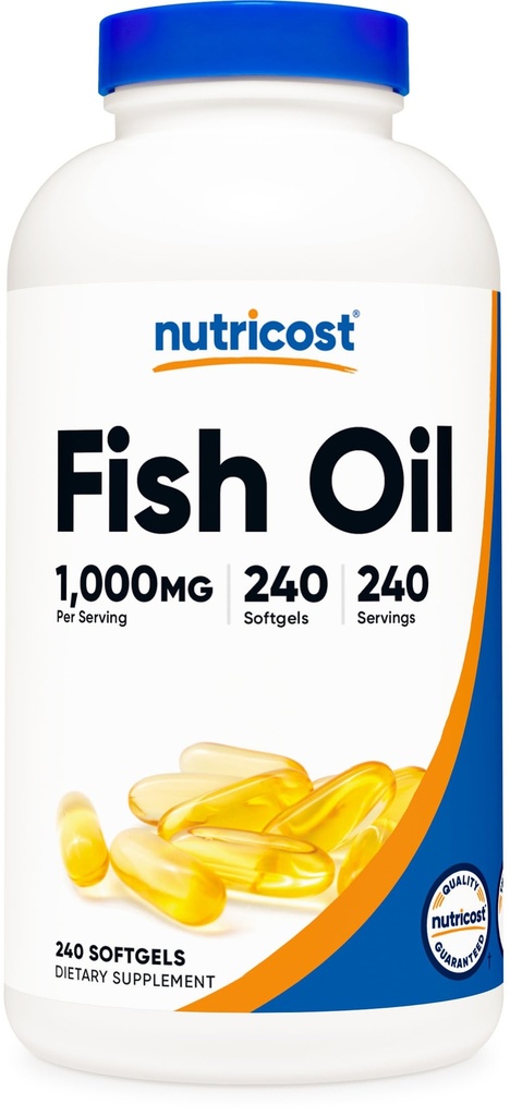 Nutricost Fish Oil Omega 3 Softgels med EPA & DHA (1000 mg Fish Oil, 560 mg Omega-3), 240 Softgels, Ikke-GMO, Glutenfri.