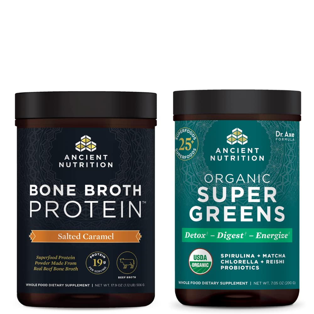 Gamle Ernæring Bone Broth Protein pulver, saltet karamell, 20 serveringer + organisk Supergreens pulver, Grønne Flavor, 25 serveringer