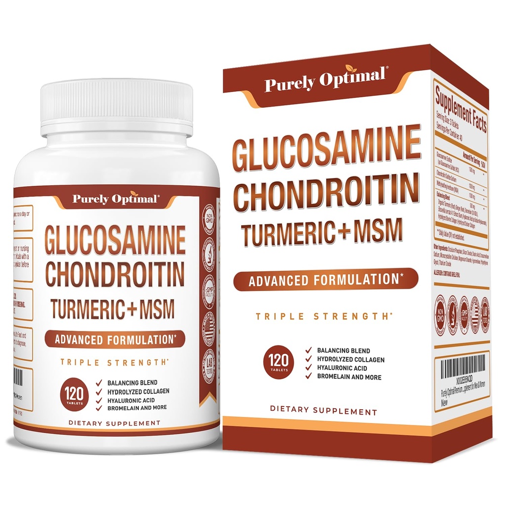 Purely Optimal Glukosamine Chondroitin MSM Supplement w/Turmeric & Boswellia - Glukosamin Sulfate Joint Supplement for menn og kvinner - 120 tabletter