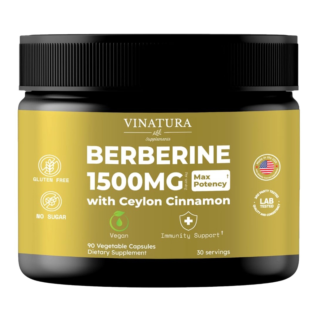 VINATURA Berberine 1500mg - Berberine Supplement med Ceylon kanel, Max Potency Berberine HCL - 90 kapsler