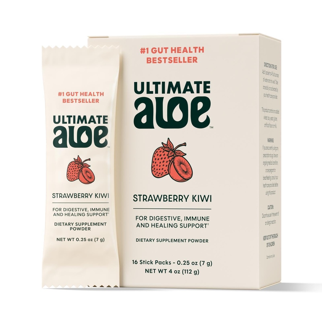 Ultimate Aloe pulver - Strawberry Kiwi Flavor, støtter digestiv helse, immunsystem og normal healing, Aloe i konveniente pulverpakker, 16 pakker, Glutenfri, Vegansk, Ikke-GMO