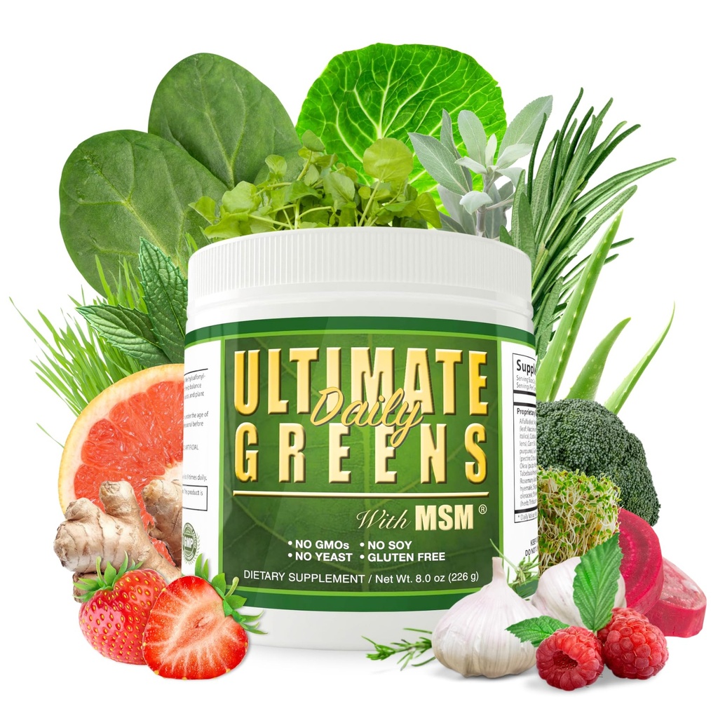 Daglig helse, Ultimate Greens med MSM pulver, Veganske vennlige naturlige ingredienser Gluten soya gratis NO GMO Superfood Grønnsaker ernæringsmessig drikke Alkalizing Energi 8oz 1 pakke (1 måneds forsyning)
