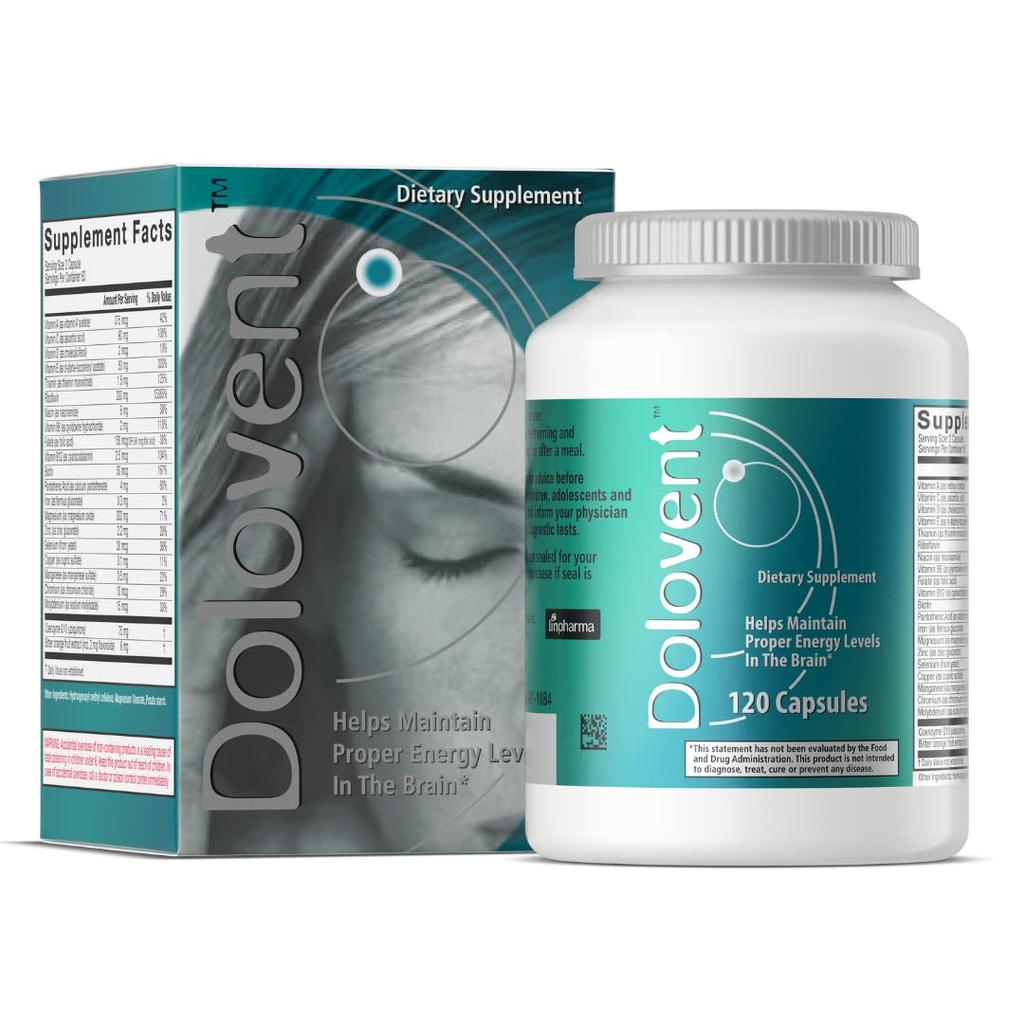 Dolovent - Naturlig Migrain Relief med magnesium for megrainer, vitamin B2 400mg, CoQ10 - Kosttilskudd for hjernehelse - 1 flaske