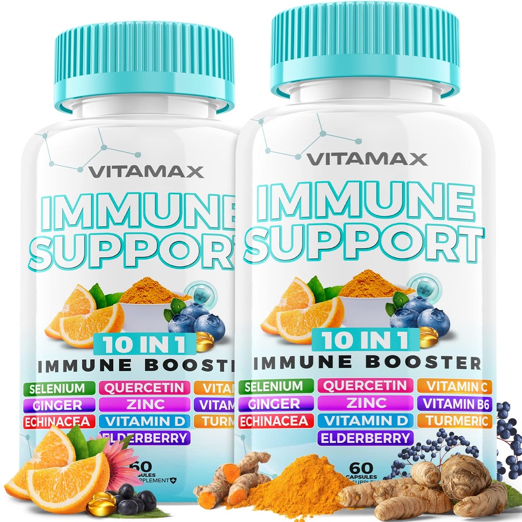 10-i-1 immunstøtte med eldrebær, D3, Selenium, Quercetin, Sink, Vitamin C, Ginger, Turmeric Curcumin, B6, Echinacea – immunforsvar – laget i USA (60 greve (Pack of 2))