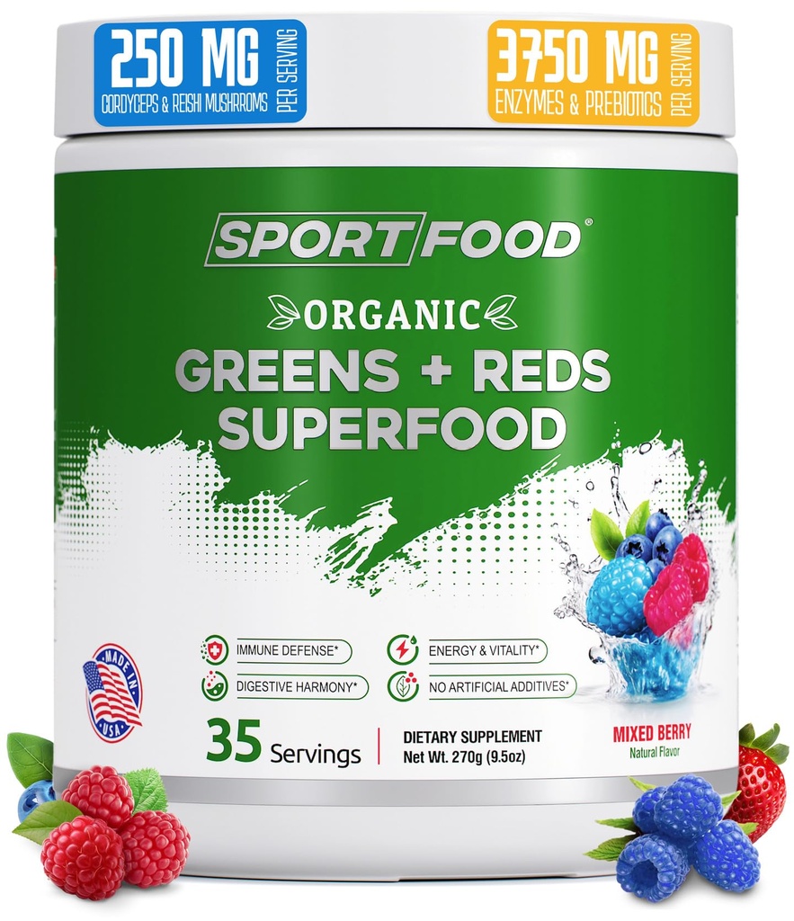 Organic Greens & Reds Superfood Powder | Blandet Berry Flavor | 25+ Super Fruits & Veggies, Betes, Prebiotika | Energizering, Antioksidant-Rich, Keto-vennlig Smoothie Mix | 35 Serveringer