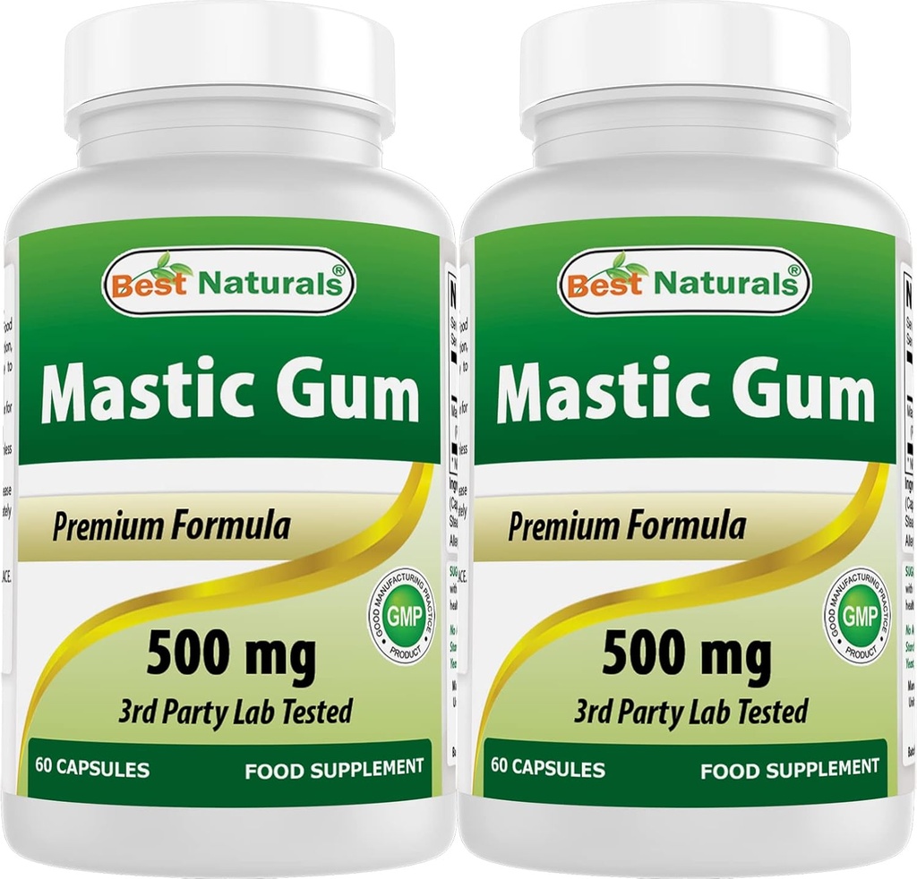 Best Naturals 2 Pack Mastic Gum Capsules 500 mg - 60 Count - (Non-GMO) (Gluten Free) - fremmer sunn mage og duodenal helse - (Totalt 120 Capsules)