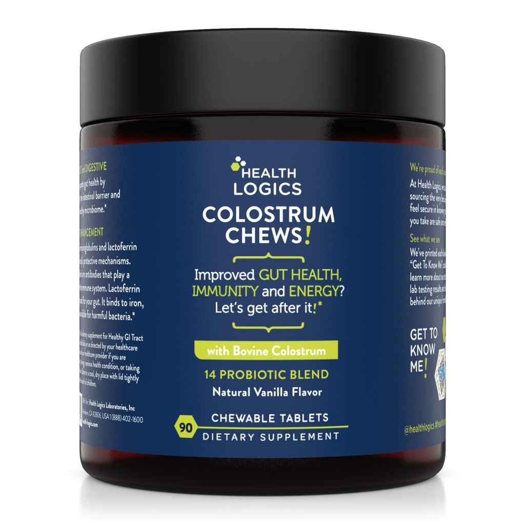 Helse Logikk Colossrum Chews-Colostrum Supplement 25% IgG for Gut Helse, Immunstøtte, Hårvekst, Vanilla Flavor, 90 Services, Hele Bovine Colostrum Supermat