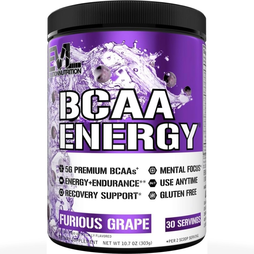 EVL BCAA Aminosyrer pulver - BCAA Energi pre trening pulver for muskelgjenvinning lean vekst og utholdenhet - Hydroring post trening gjenopprette drikke med naturlig kaffe - Furious Grape